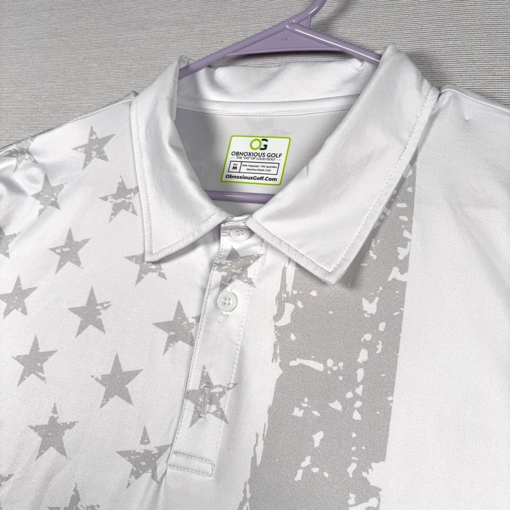Obnoxious Golf Polo Shirt Mens Size M White Gray Poly Spandex Short Sleeve